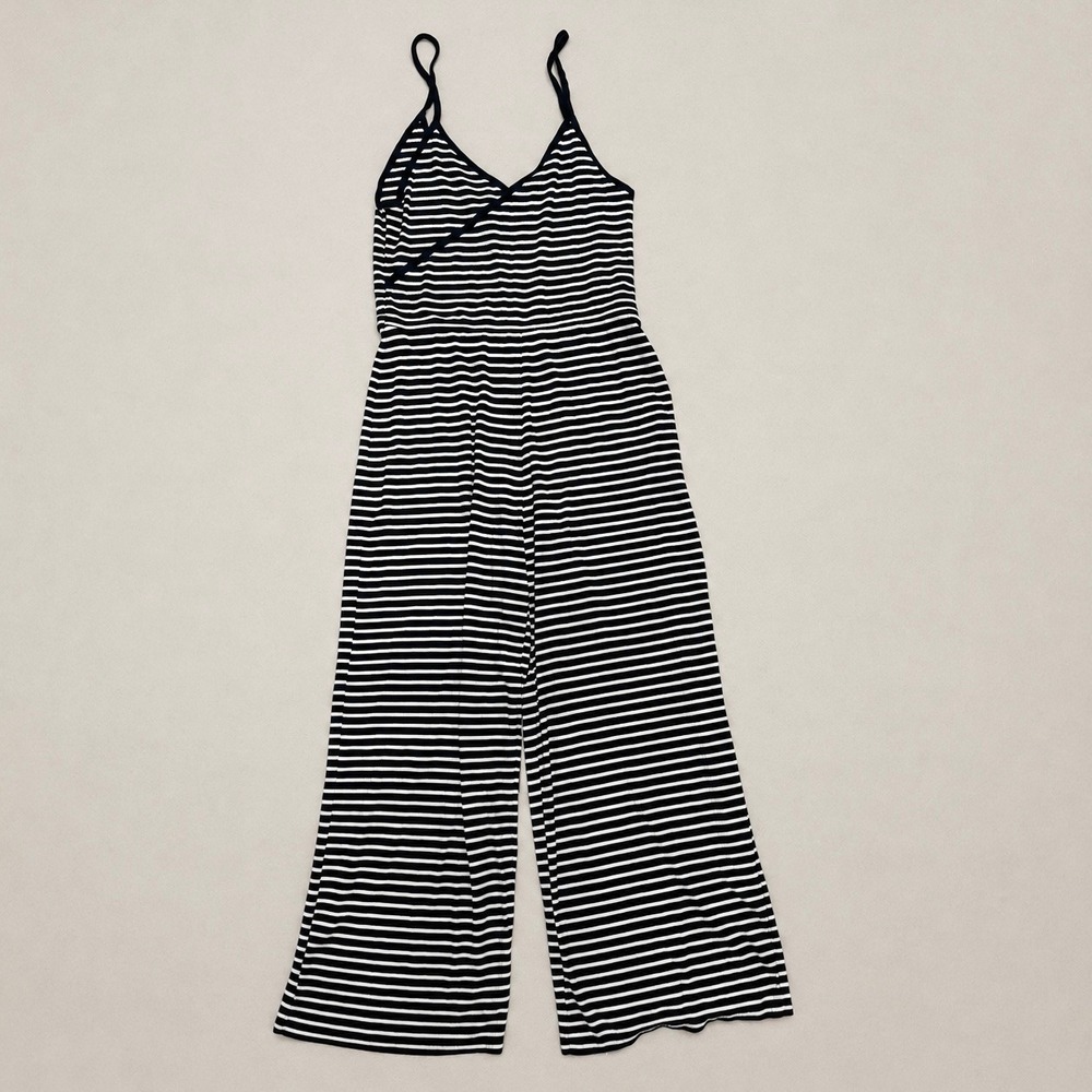 Topshop Womens Navy White Striped Ribbed Wide Leg‎ Jumpsuit Size US 6 EUR 38